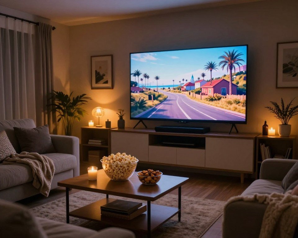 cozy home movie night setup with blankets and soft lighting