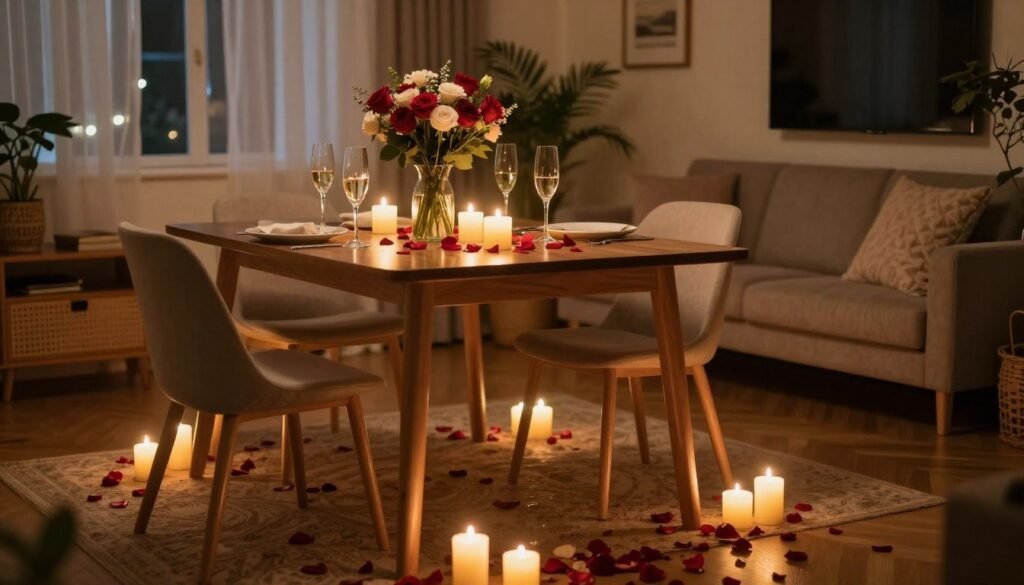 cozy home proposal setup with candles and flowers