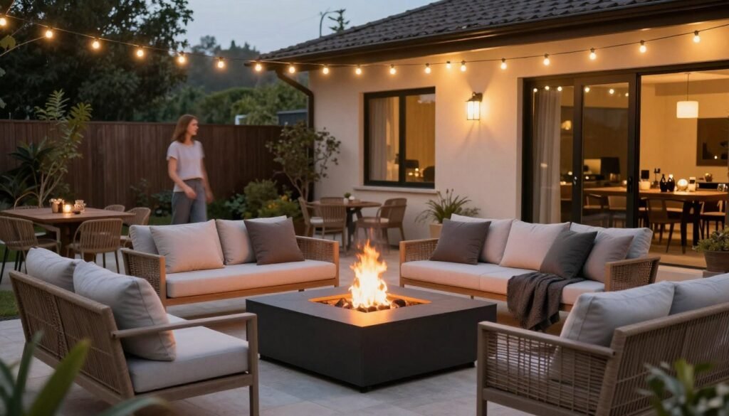 cozy patio setup with comfortable outdoor furniture and fire pit