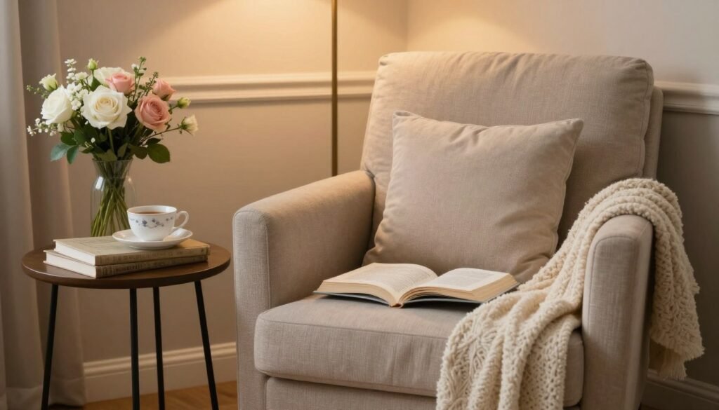 cozy reading corner setup at bridal shower with flowers and books cozy reading corner setup at bridal shower with flowers and books