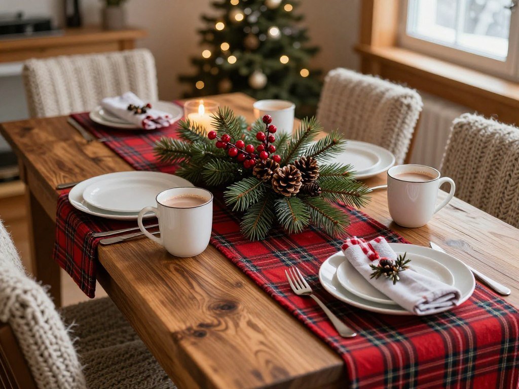 cozy winter table setting with plaid and evergreen