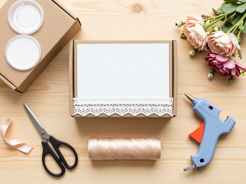 craft supplies and materials laid out for DIY wedding card box project craft supplies and materials laid out for DIY wedding card box project
