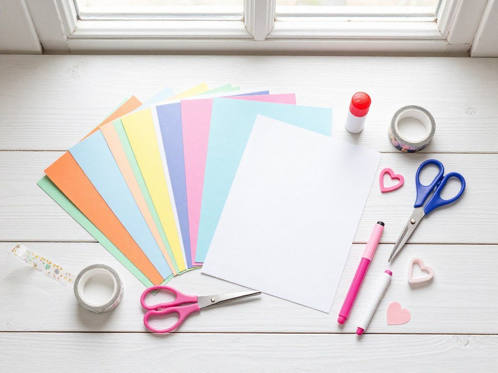 craft supplies including cardstock paper glue scissors and washi tape arranged on table
