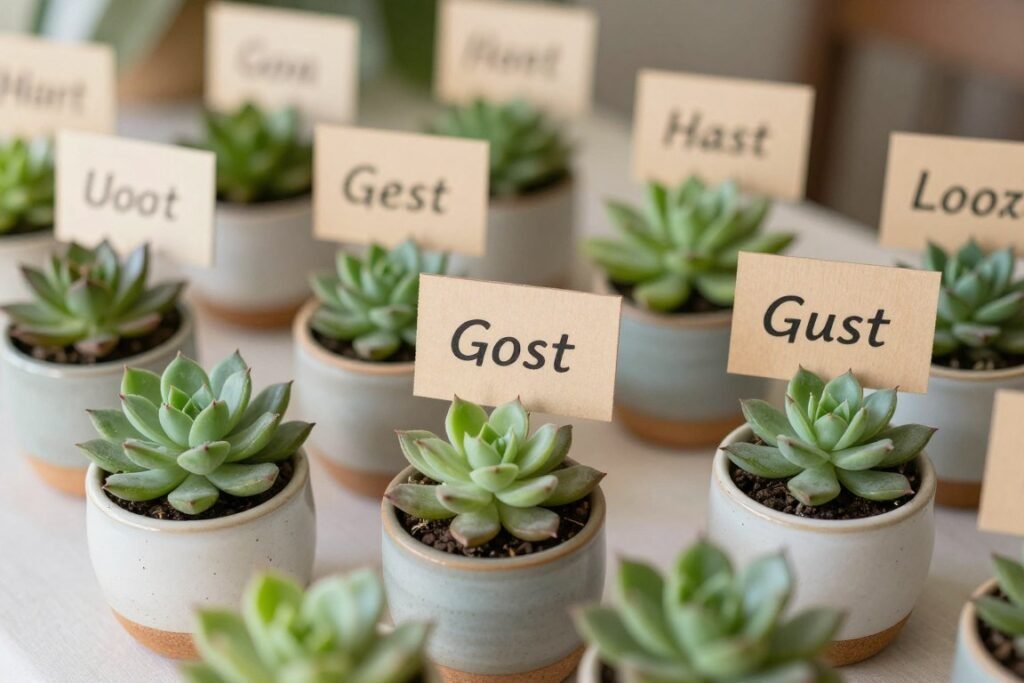creative place card display with small potted plants creative place card display with small potted plants