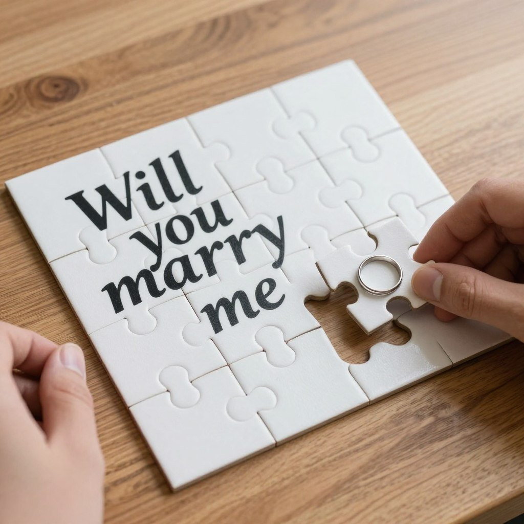 creative puzzle proposal with custom pieces spelling message