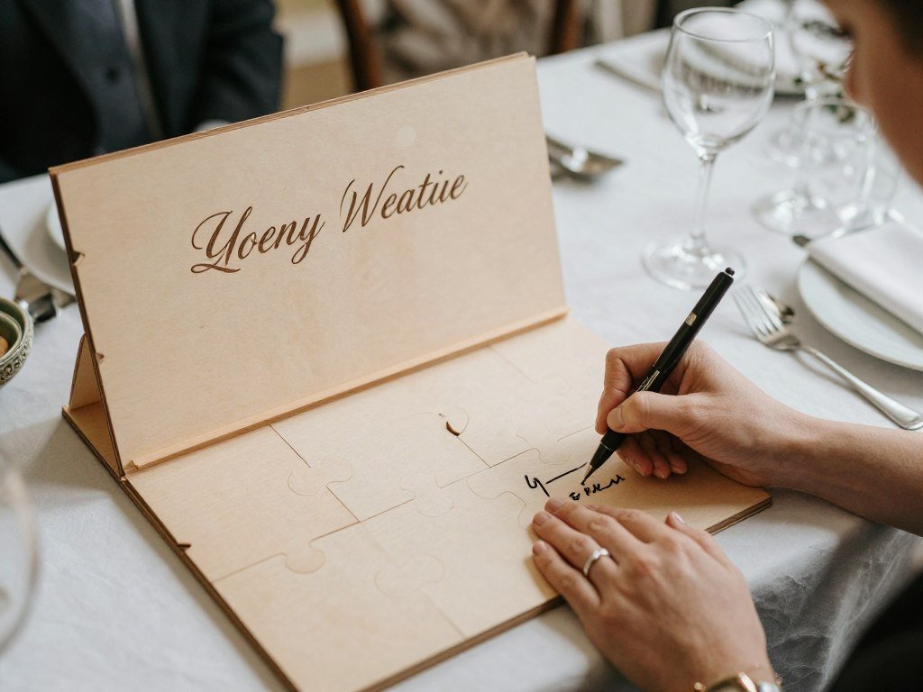 creative wedding guest book alternative with wooden puzzle pieces