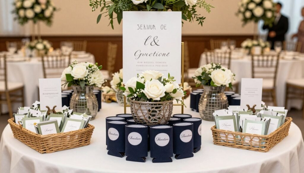 creative wedding koozie display at reception