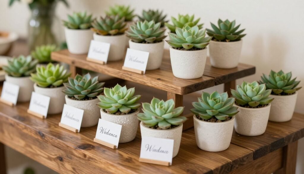 creative wedding party favors arranged on display table