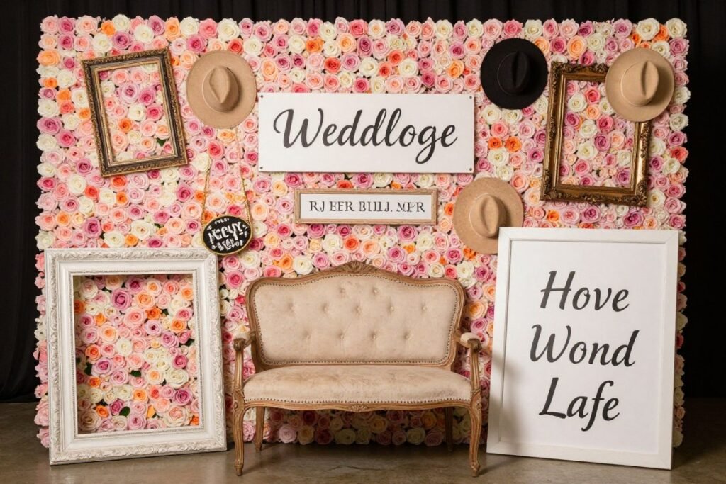 creative wedding photo booth backdrop with props