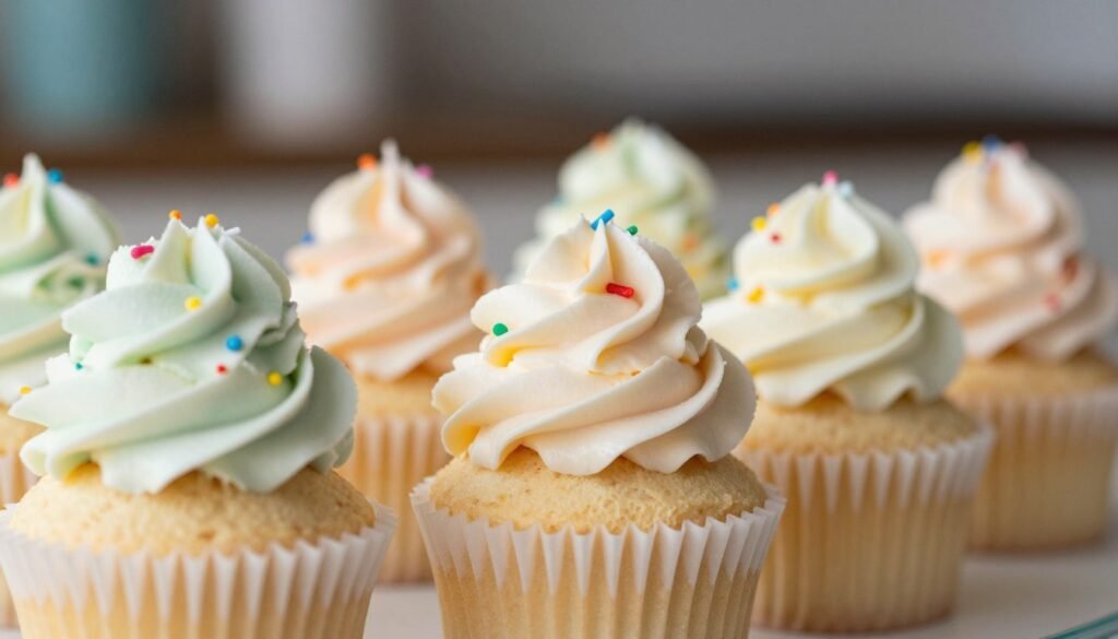 cupcakes with tall swirled frosting peaks and sprinkles
