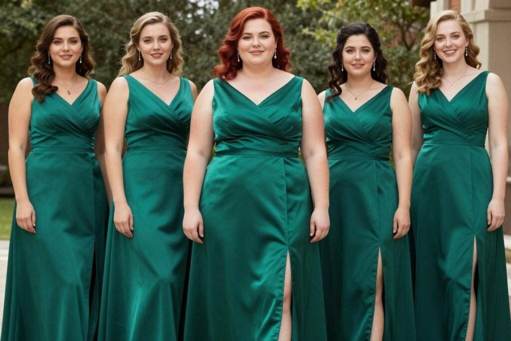 curvy bridesmaid in fitted satin dress with structure
