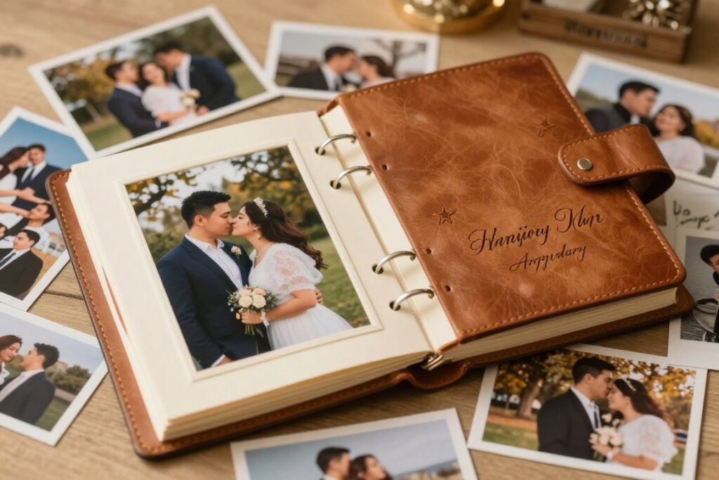 custom engraved photo album filled with couple memories