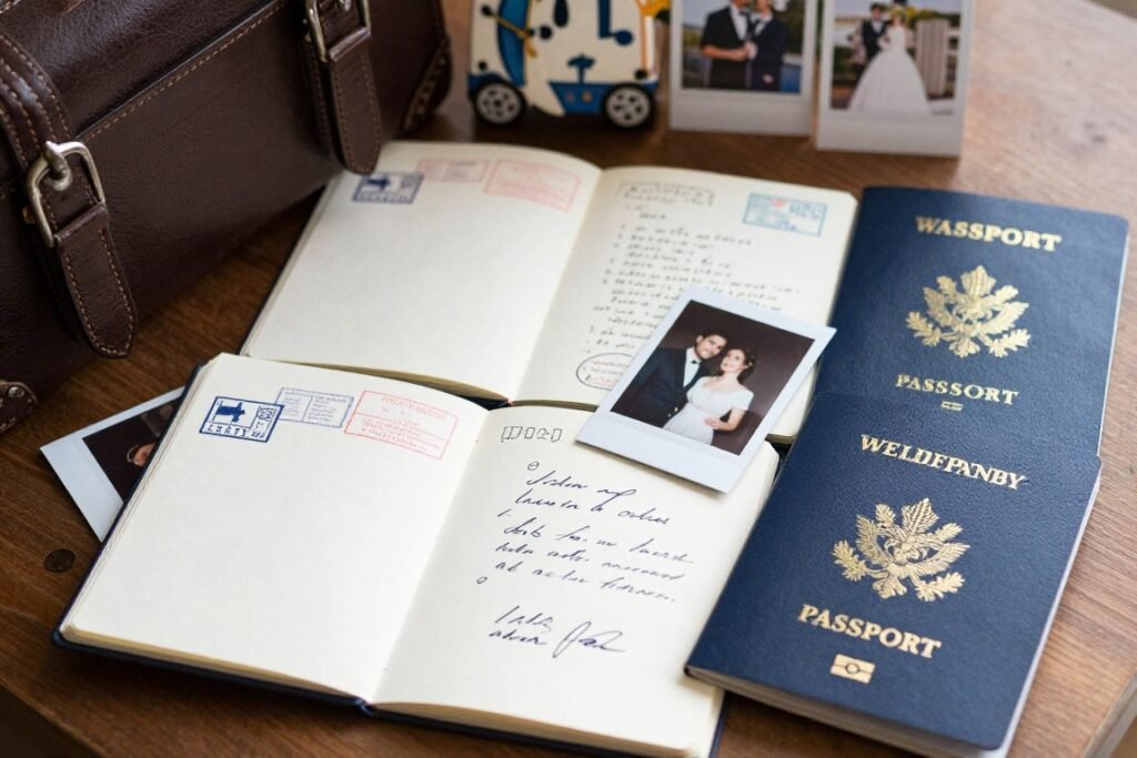 custom passport style guest book with travel stamps and signatures from wedding guests custom passport style guest book with travel stamps and signatures from wedding guests