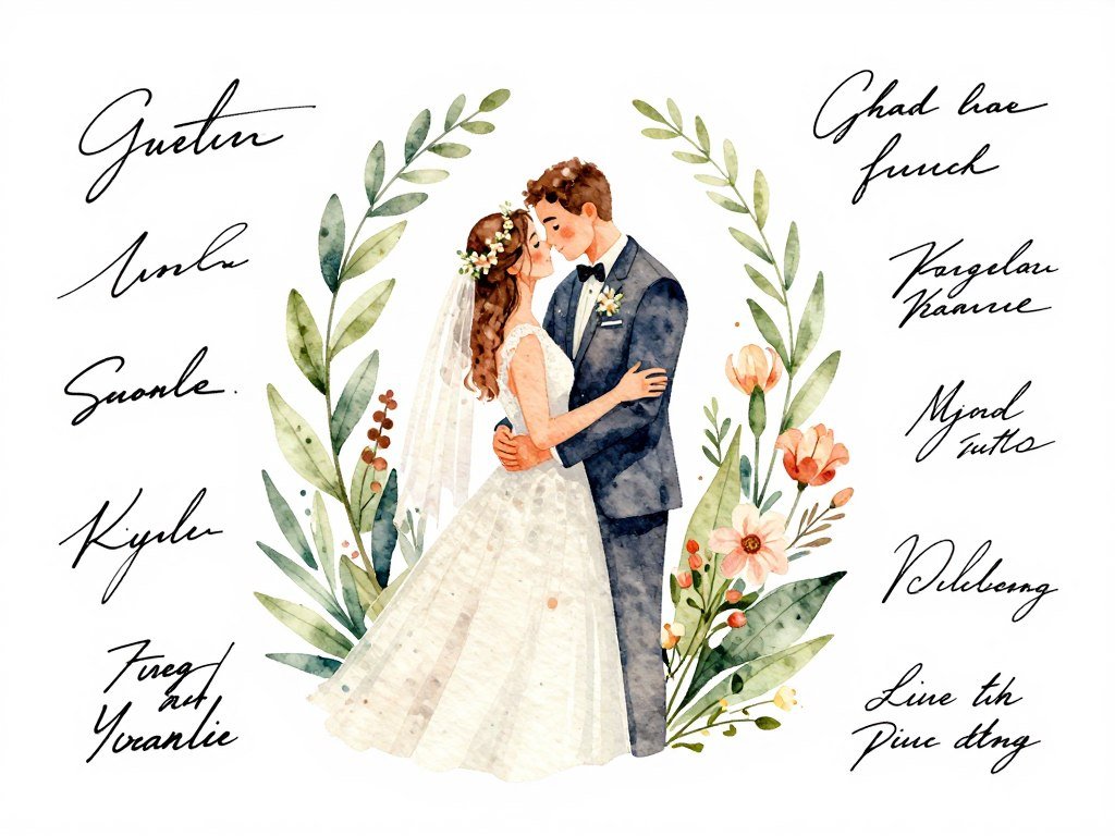 custom wedding portrait illustration with couple embraced surrounded by floral elements and guest signatures around border custom wedding portrait illustration with couple embraced surrounded by floral elements and guest signatures around border