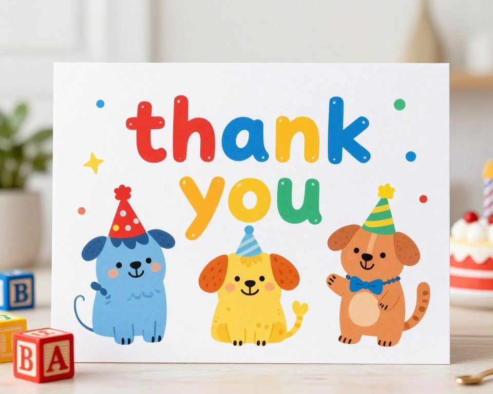 cute kids birthday thank you card with cartoon animals and bright primary colors