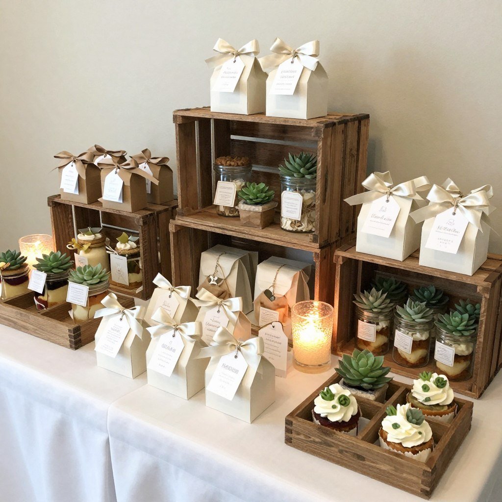 cute wedding favors display with personalized gifts