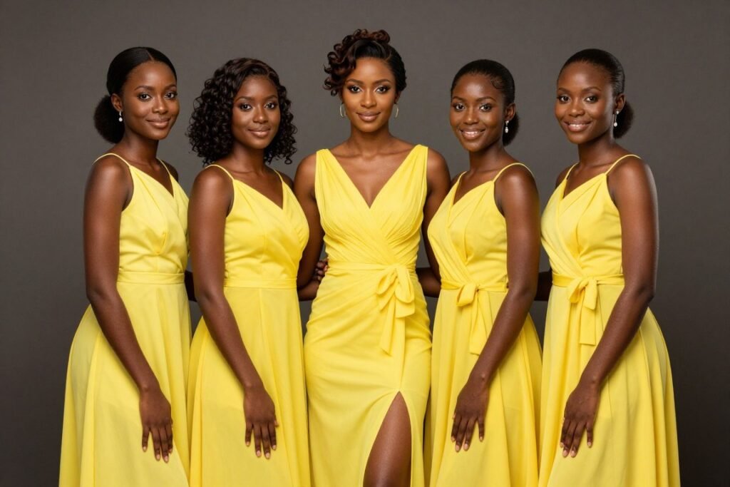 dark skin tone bridesmaid in yellow dress dark skin tone bridesmaid in yellow dress
