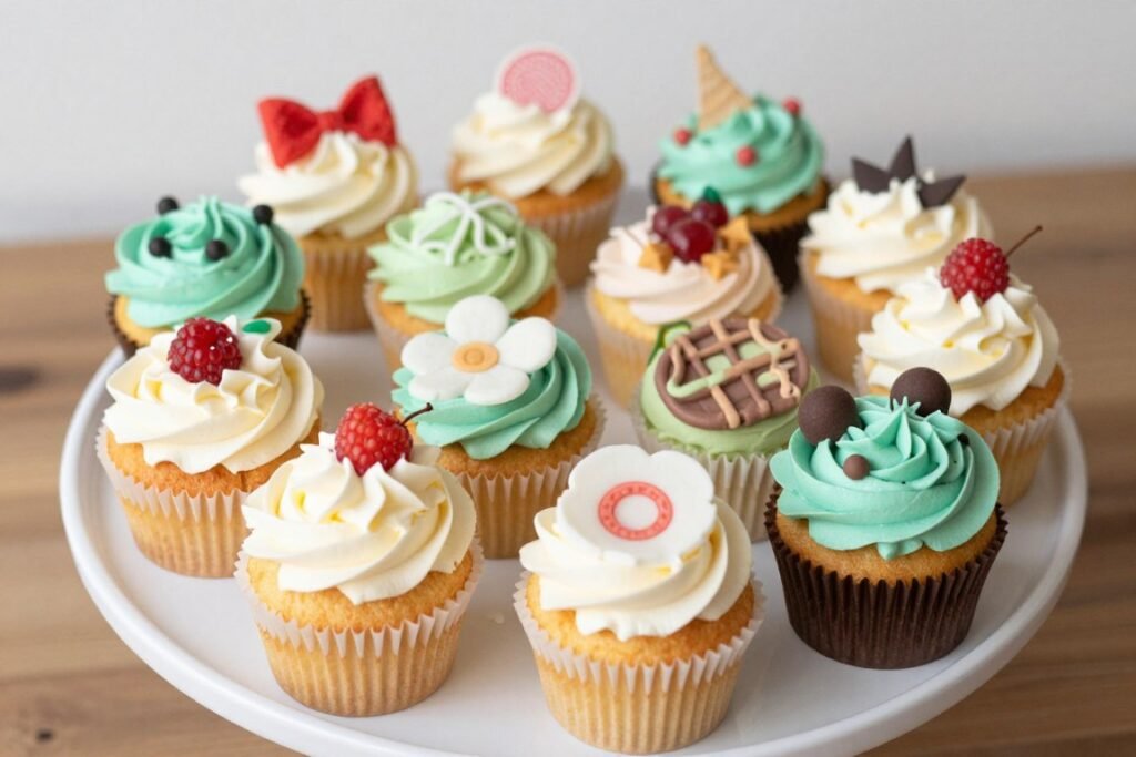 decorated cupcakes arranged on serving platter