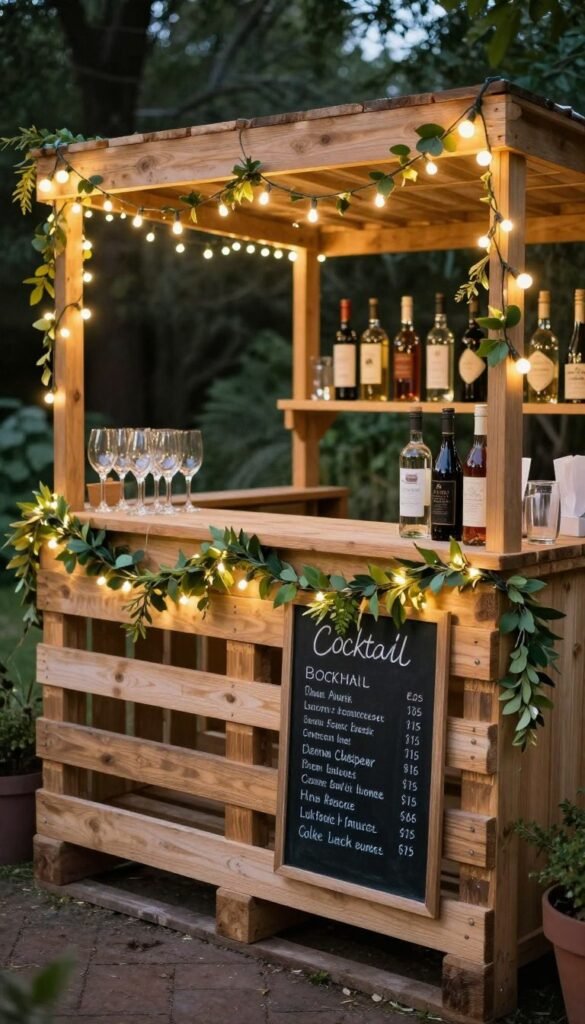 decorated pallet bar with string lights evening