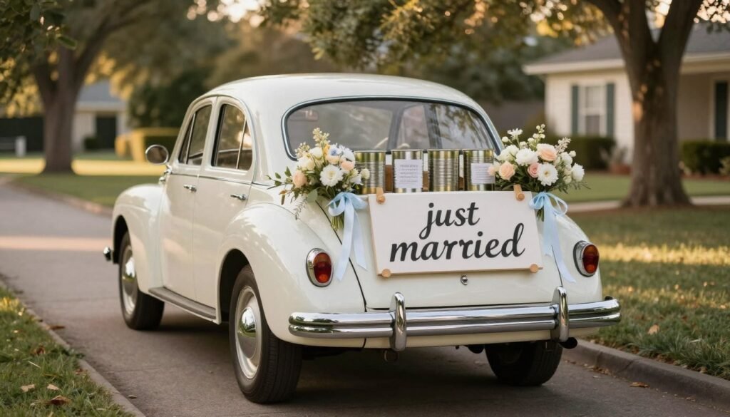 decorated vintage getaway car at wedding