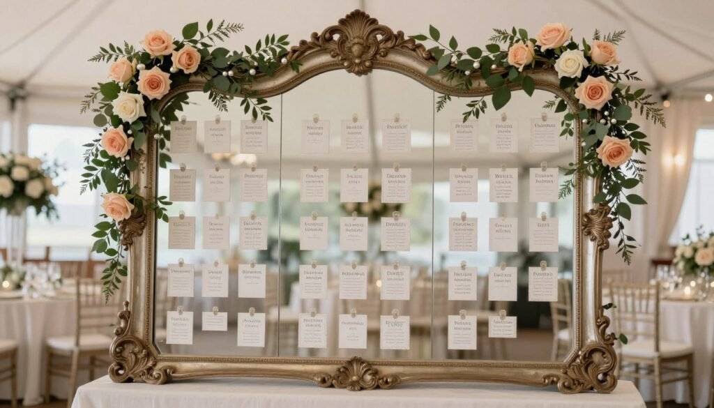 decorated vintage mirror wedding seating chart