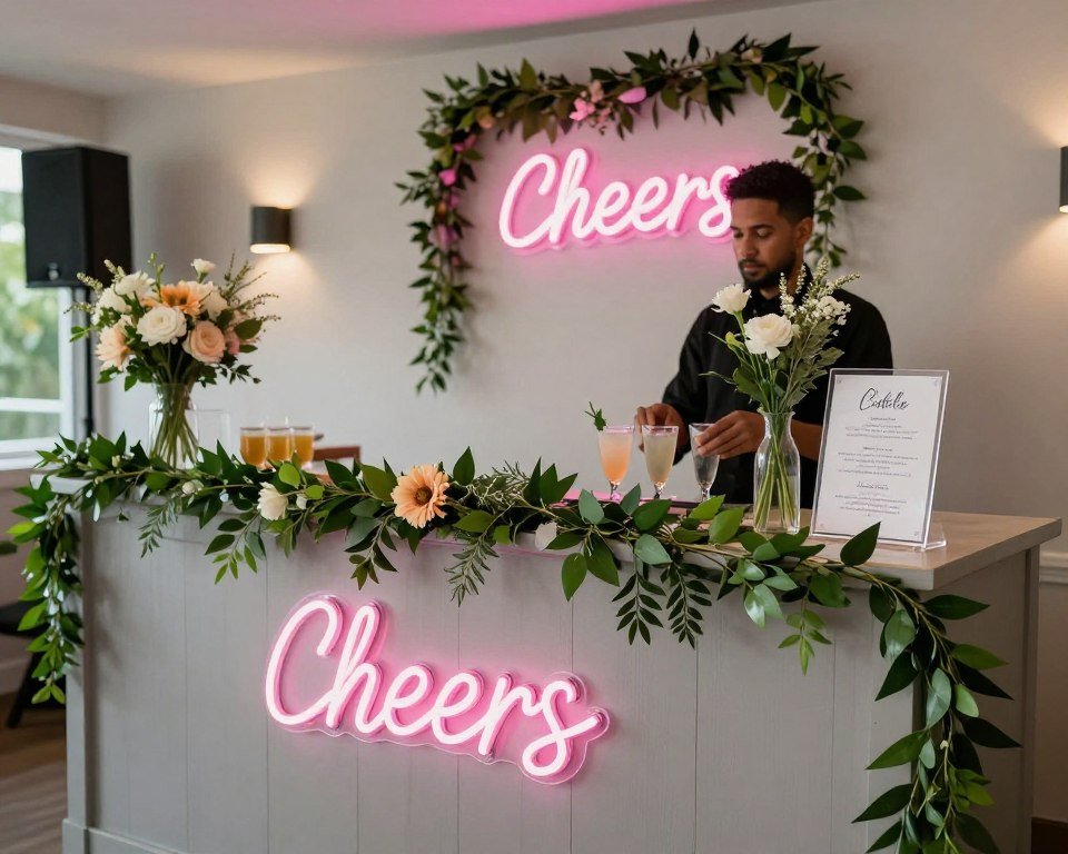 decorated wedding bar area with neon sign and flowers decorated wedding bar area with neon sign and flowers