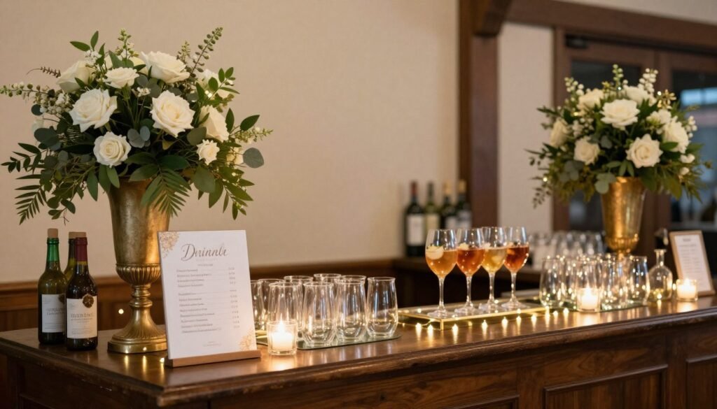 decorated wedding bar with floral arrangements and signage