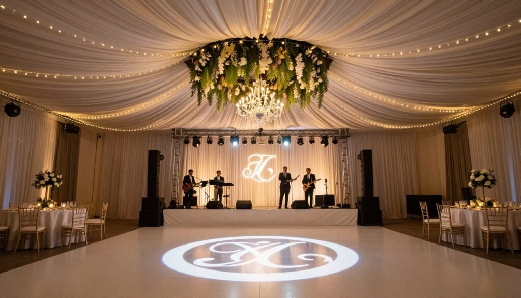 decorated wedding dance floor with monogram lighting