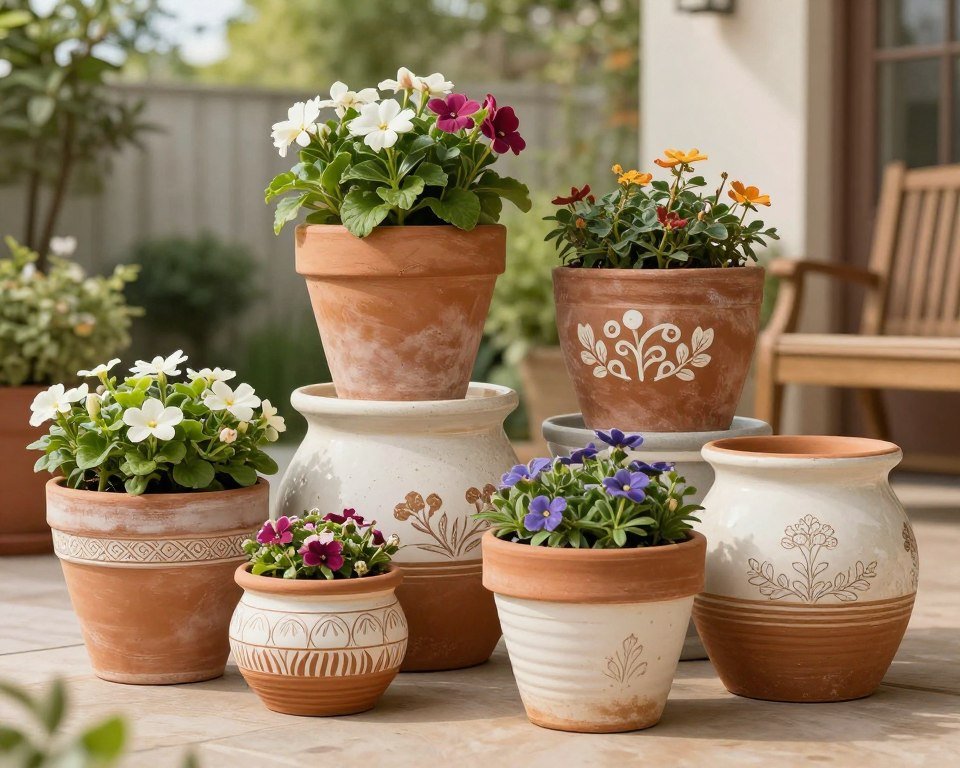 decorative planters with flowers and garden accessories