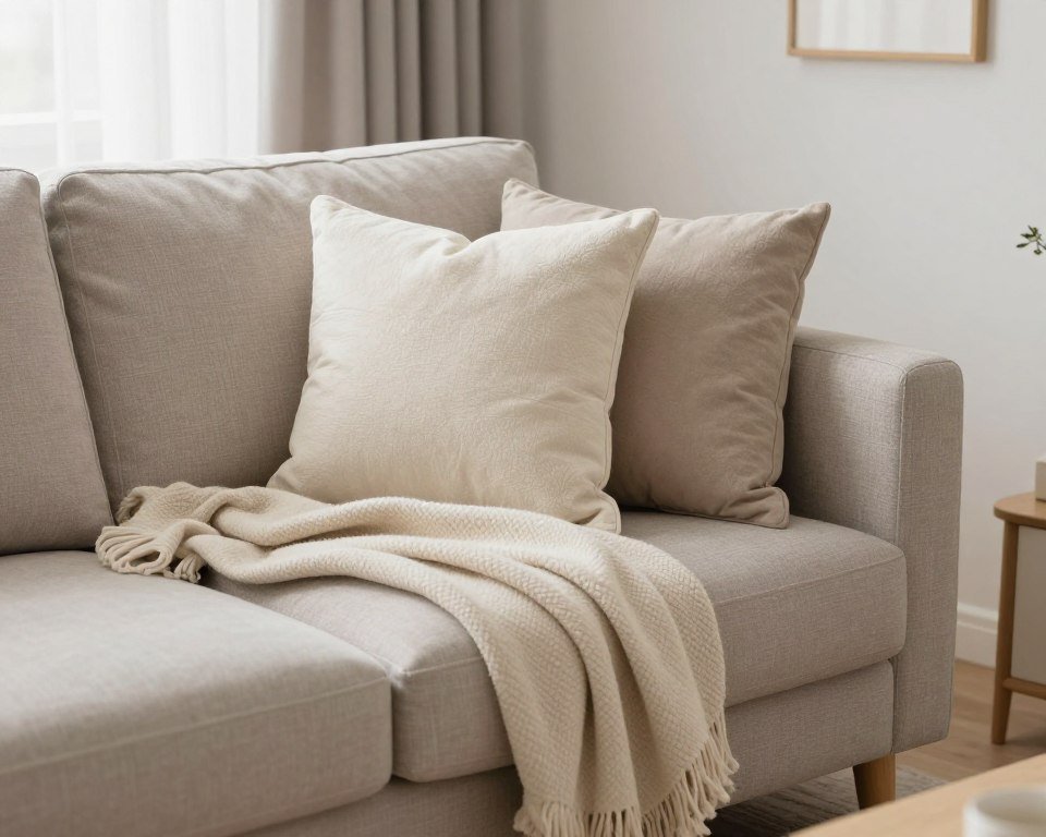 decorative throw blankets and pillows arranged on couch