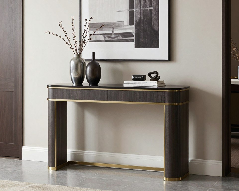 decorative vases and sculptures on console table