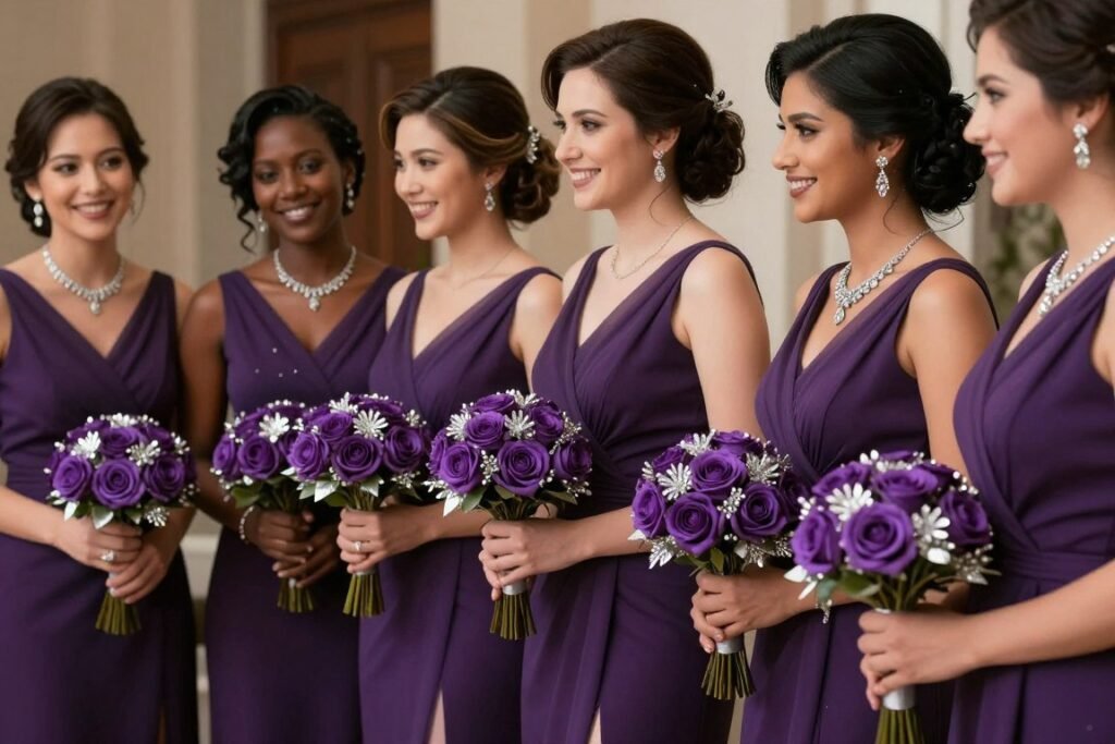 deep purple bridesmaid dresses with silver accessories
