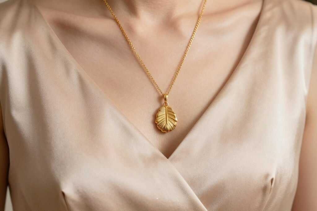 delicate gold necklace on satin dress neckline