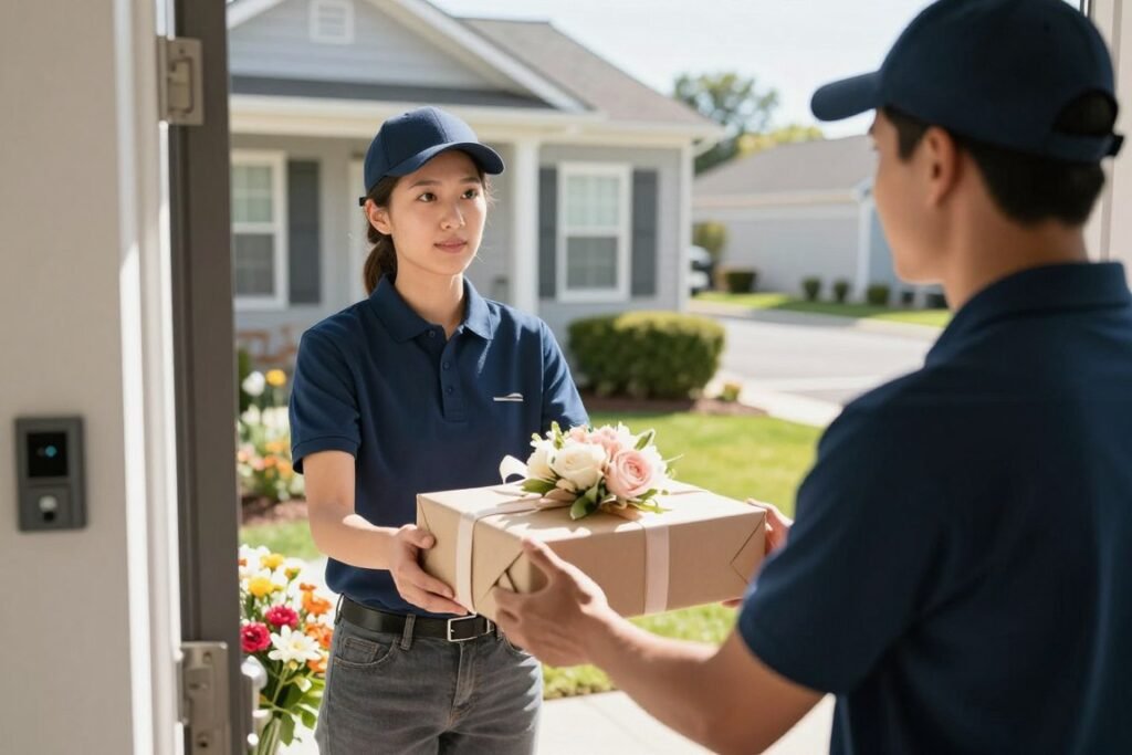 delivery person holding bridesmaid proposal package