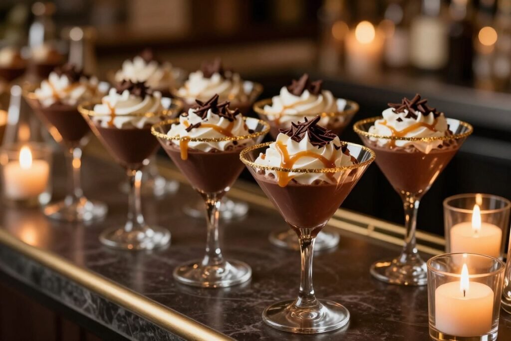 dessert cocktail bar with chocolate martinis and sweet garnishes dessert cocktail bar with chocolate martinis and sweet garnishes