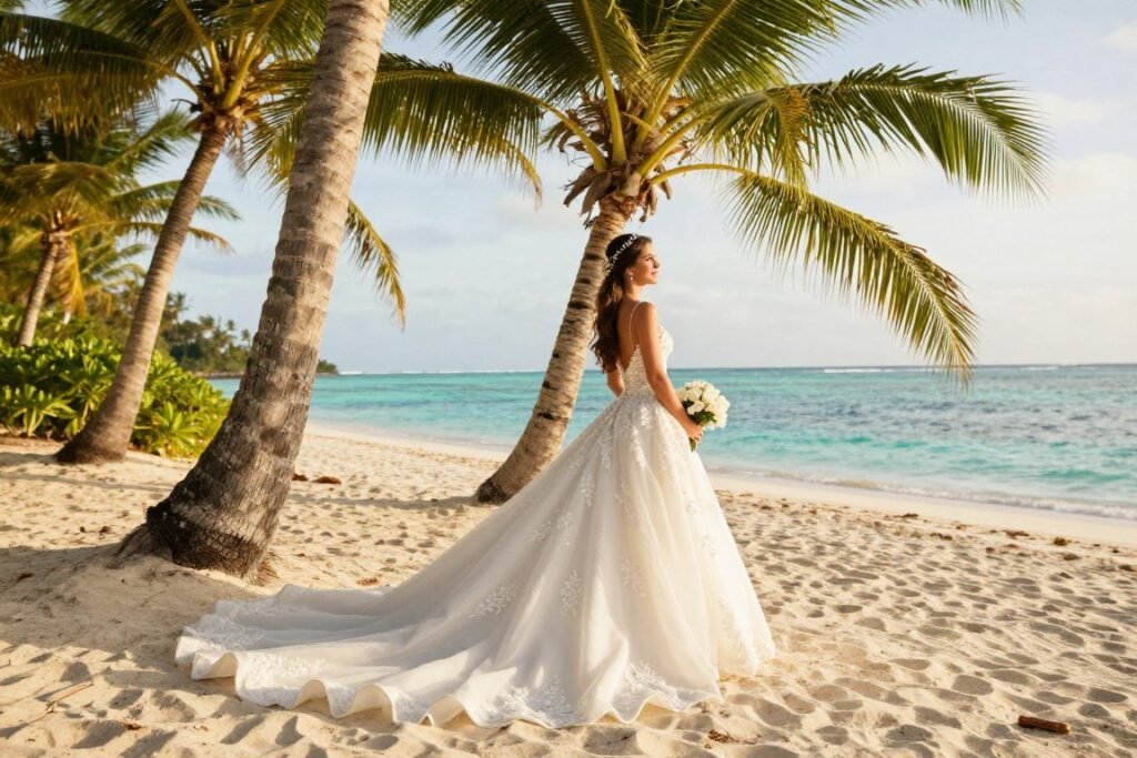 destination wedding dress tropical setting palm trees