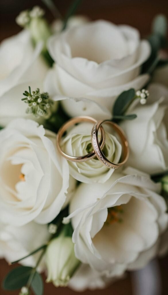 detailed close-up wedding photography of rings and flowers