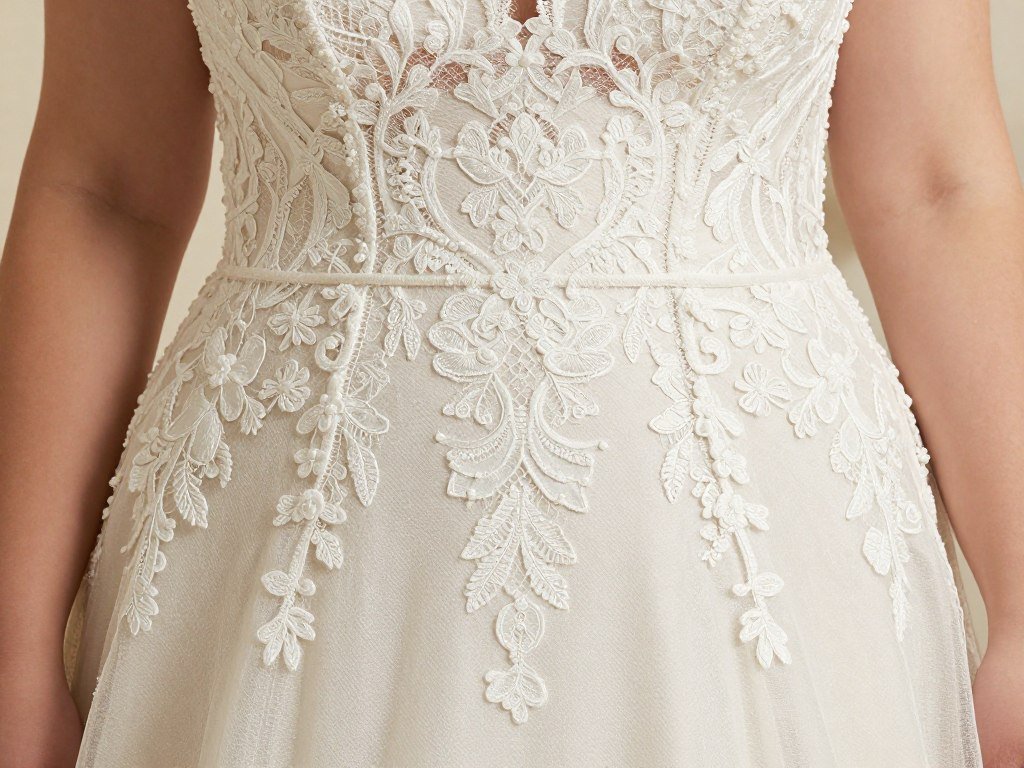 detailed lace work on plus size wedding dress