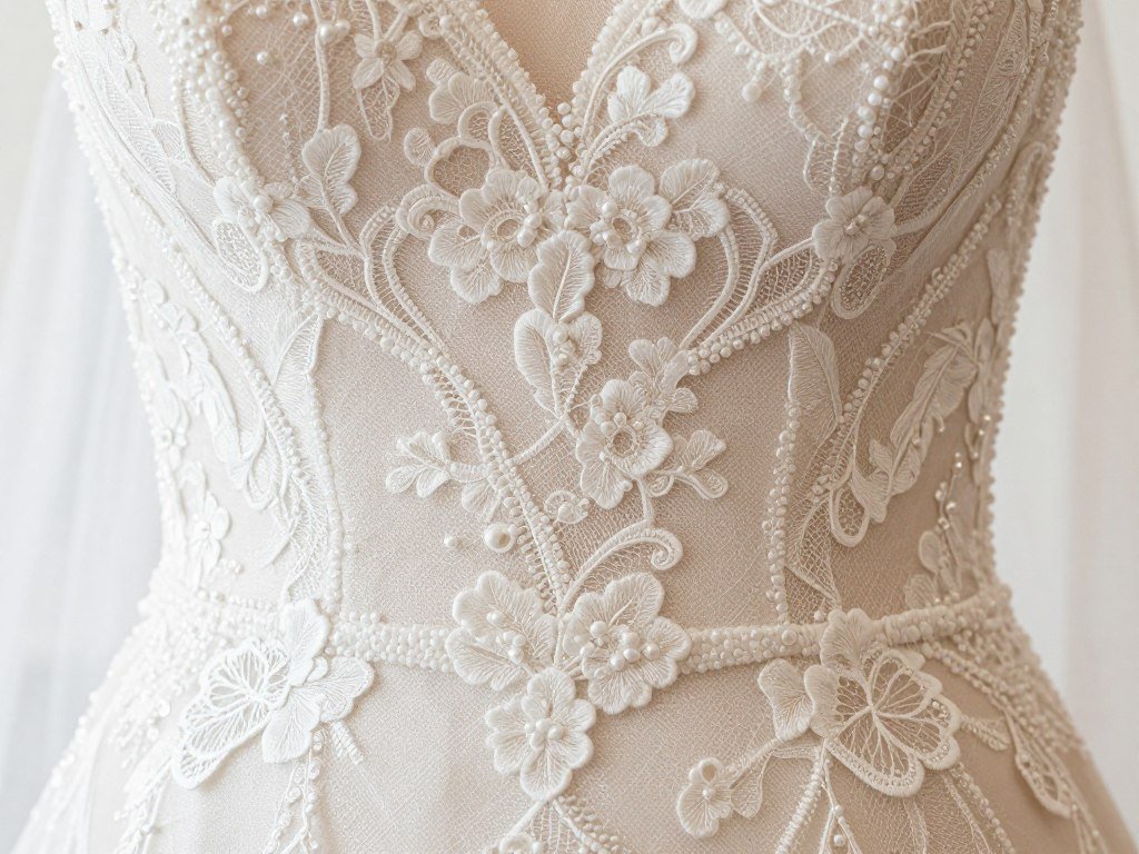 detailed view of lace bodice on classic wedding dress