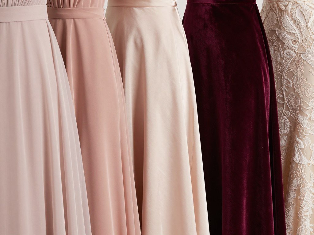 different bridesmaid dress fabrics including chiffon satin and velvet in various colors