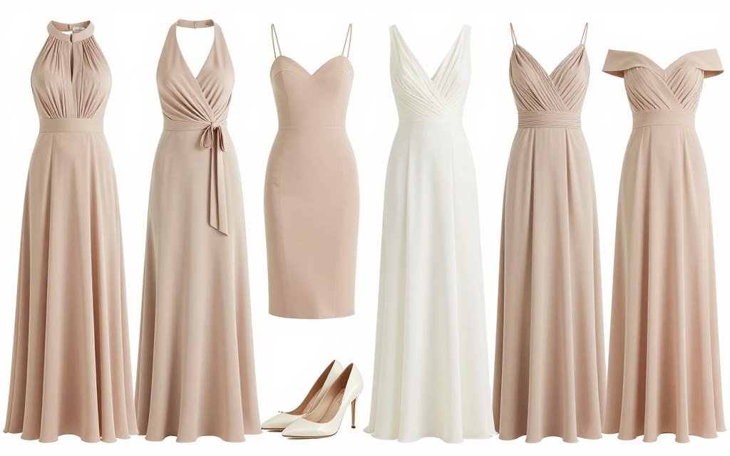different neutral bridesmaid dress necklines and styles coordinated together