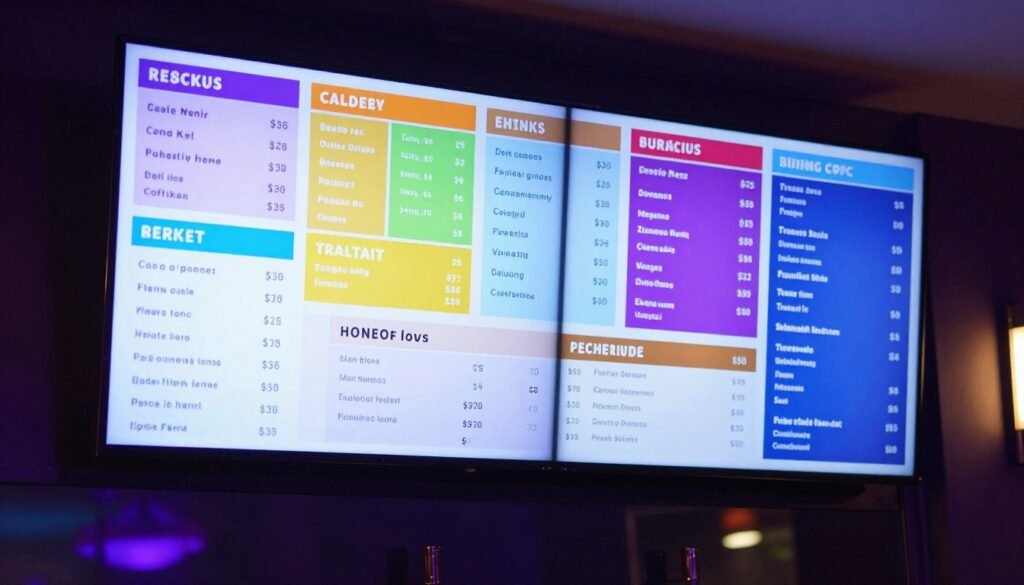 digital menu board displaying drinks and specials in club