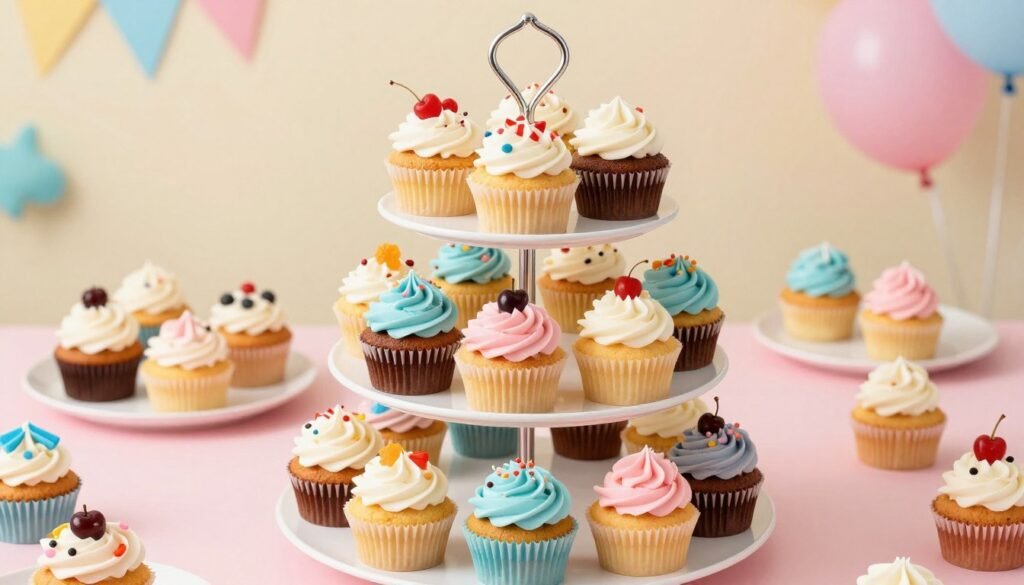 display of decorated cupcakes with various frostings and toppings