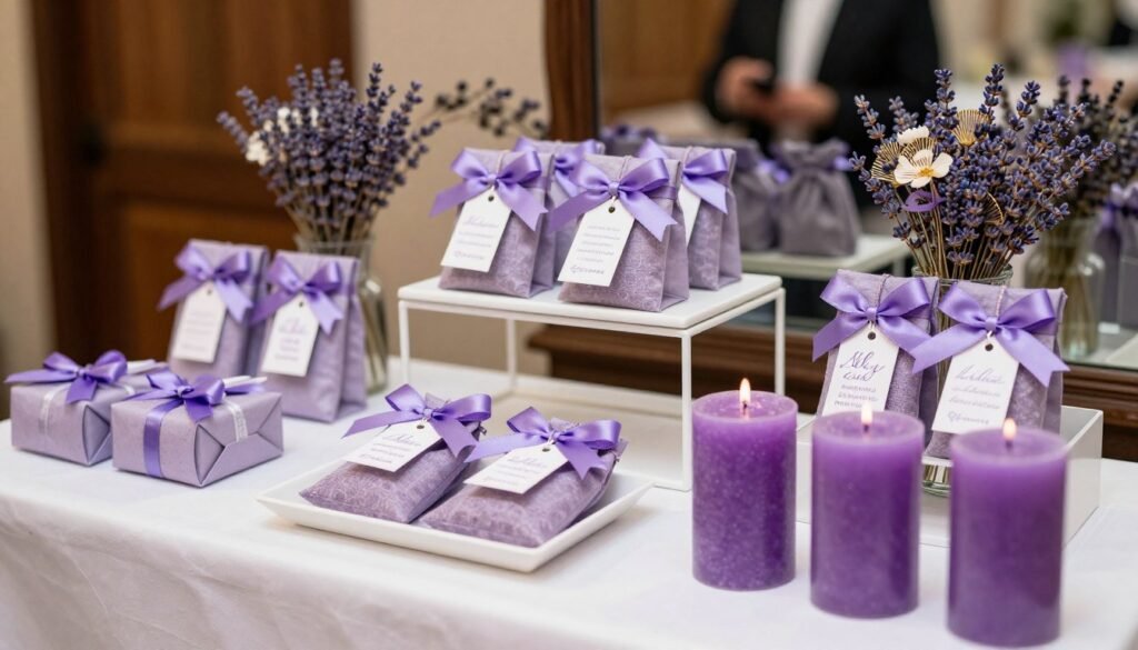 display of purple wedding favors