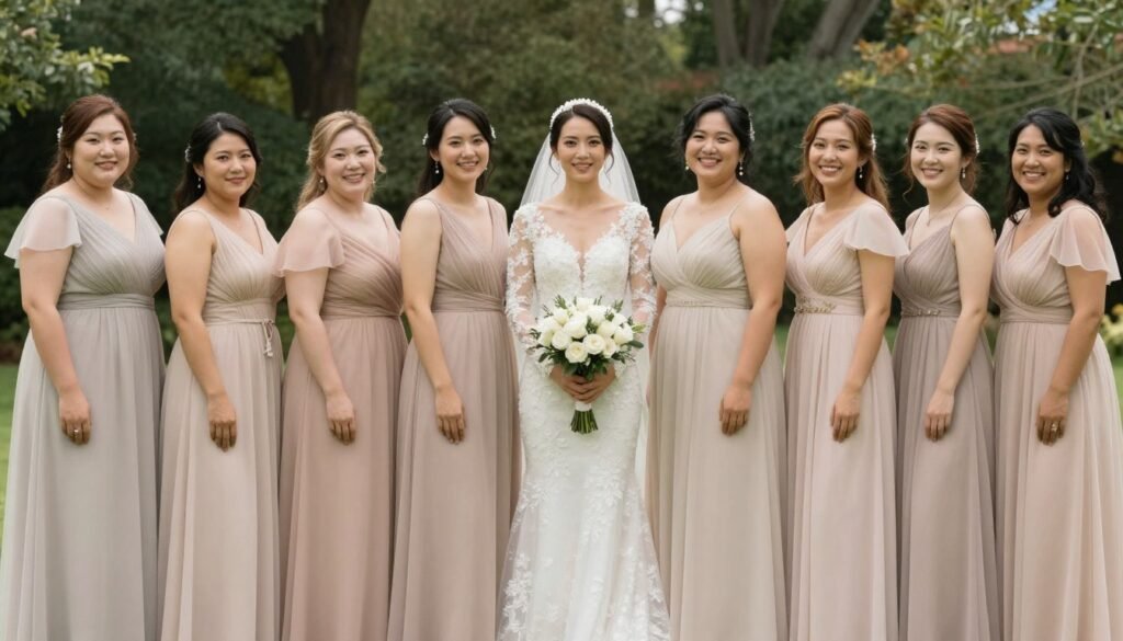 diverse bridal party in neutral bridesmaid dresses showing size inclusivity
