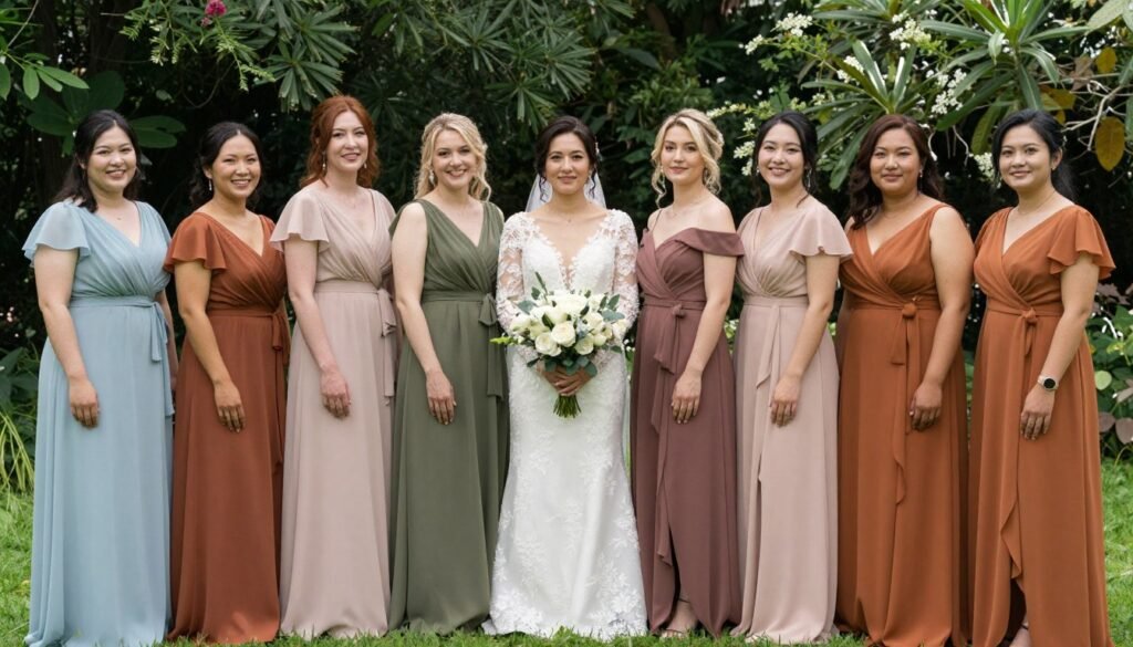 diverse bridesmaids different body types flattering dresses garden