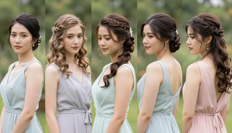 diverse bridesmaids hairstyles showcasing elegant updos and flowing waves