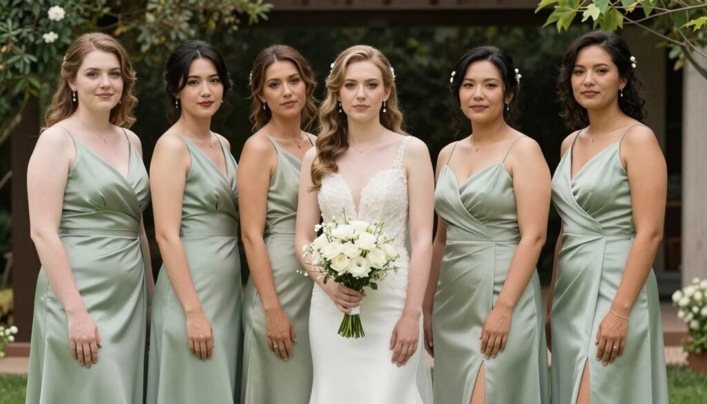diverse group of bridesmaids in coordinating satin dresses different styles