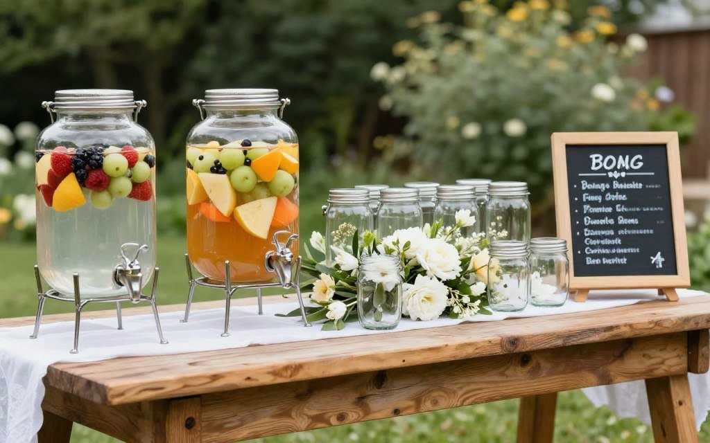 diy wedding beverage station with rustic decor