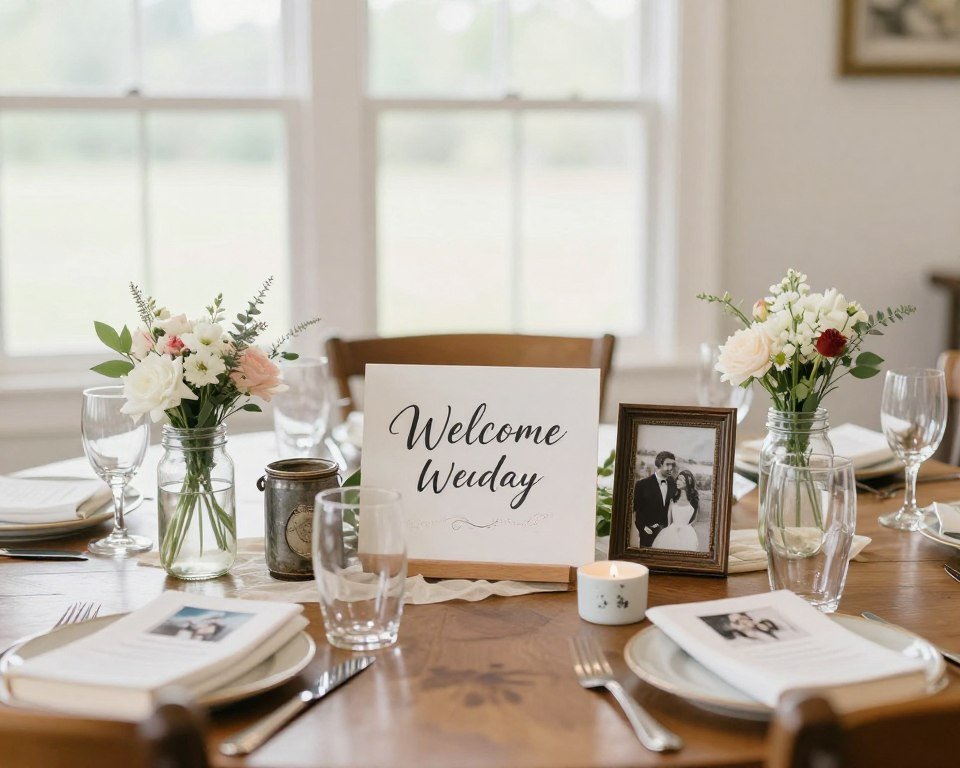 diy wedding decorations with personalized centerpieces and hand-lettered signs
